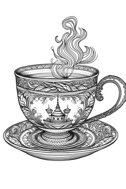 Outline art for coloring page, A CIGARETTE. A TURKISH TEACUP, coloring page, white background, Sketch style, only use outline, clean line art, white background, no shadows, no shading, no color, clear