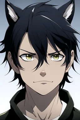 A mature male anime man with messy black hair, black cat ears.