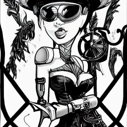 great illustrator, spanish, pencil sketch of a cute girl, beautiful, steampunk syle, black and white. Helmet with tubes. glasses. Machinery in the background. robotic bird flying. High details.