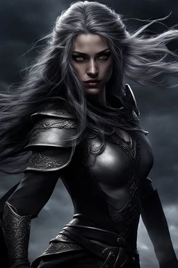 SA female elf with skin the color of storm clouds, deep grey, stands ready for battle. Her long black hair flows behind her like a shadow, while her eyes gleam with a fierce silver light. Despite the grim set of her mouth, there's a undeniable beauty in her fierce countenance. She's been in a fight, evidenced by the ragged state of her leather armor and the red cape that's seen better days, edges frayed and torn. In her hands, she grips two daggers, add dark shadow mystic purple flames