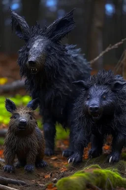 Bear and boar and rabbit hybrid creature, black, photograph