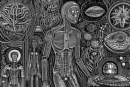 interviewing a human being of earth. stereotypical depiction of highly advanced, evolved, enlightened, technologically advanced & intergalactic spacefaring alien beings from deep outer space. contemporary depiction. ancient archival antiquity traditional monastic printmaking high contrast black & white ine drawings on acid etched plates