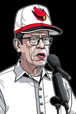 Ilustración vectorial de Gustavo Petro con gorra deportiva camisa, hablando tranquilamente con micrófono, colores negro, blanco y rojo, fondo negro