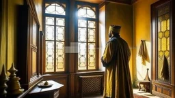 Rear view of an Andalusian commander standing and contemplating in his room with Arabic furniture in front of the window in the year 1490