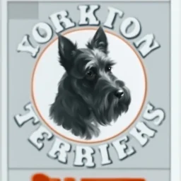 an orange circle containing a black and white image of a Scottish terrier