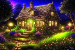 A special evening with a little cottage where the light twinkles and a fairy rests