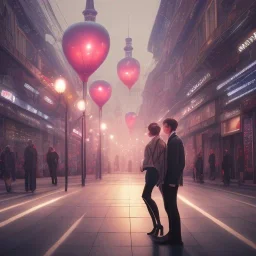 A professional night shot of a romantic far future city, seoul, couple holding hands, trending on Artstation, sharp soft focus, highly detailed, crowded, red balloons falling, couple facing away.