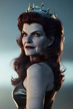 younger Rene Russo as evil queen in leather, cleavage, angry, stern look, unreal 5, octane render,cinema4d, dynamic lighting, dramatic lighting, 4k, redshift render, highly detailed, hyper realistic