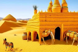 A golden yellow Arabian kingdom in a desert designed in Navajo baskets painted by Henry-Robert Brésil