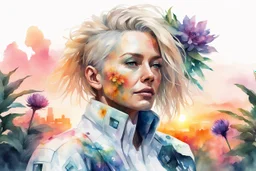 white background, cyberpunk, watercolor, Woman 48 years old, blonde, portrait painting, acrylic, summer sunset, plant hair, flower clothes, double exposure, fine rendering, high detail, high resolution, 8K