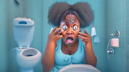 baffled black lady with cellphone using the toilet