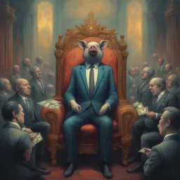 rich pig in suit on a throne making stacks of money by making a deal with a buisnessman. background of musicians. Payday payday. beksinski style.