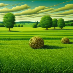 A green plain filled with haystacks painted by Frank Wilson