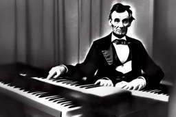 Abraham lincoln by himself playing keyboard for a new wave band in 1984