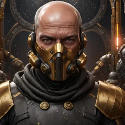 star wars bald male corellian pilot wearing pearlescent black and gunmetal grey First Order special forces heavy assault stealth commando armor and helmet with gold trim inside the jedi temple, hyperdetailed, dynamic lighting, hyperdetailed background, 8k resolution, volumetric lighting, light skin, fully symmetric details