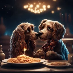 the lady and the tramp eating spaghetti, cinematic, epic glowing galaxy background, deep depth of field, 3D, constellation map, 16k resolution photorealistic, bokeh, a masterpiece by Alberto Seveso, breathtaking intricate details, realistic and lifelike cgi diorama, dramatic natural lighting, reflective catchlights, high quality CGI VFX fine art