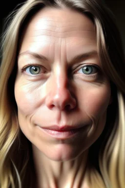 A selfie of a woman, middle blond hair, showing a 39-year-old European woman. She has brown hair, face without makeup, cute nose, detailed full lips, skin texture. Natural lighting and low contrast. Face framed.