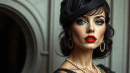 surreal fantasy magic fashion portrait, abstract art, surreal fantasy mixed media, raised amazingly beautiful fantasy fashion extravagant elegance lady portrait, film noir mood, cinematographic, dramatic, deep rich black colors, magic lighting, minimalism, few gold accents, vintage retro France mood,