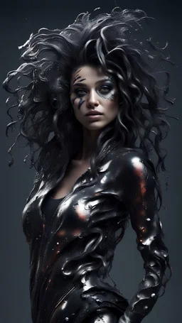 PAPERCUT 3d photo realistic portrait of young woman, dark fantasy, beautiful, dark eyes, dark make up, streaks of paint, paint blobs and smears, paint powder, textured, silver, shiny molten metalics, wild hair, high definition, octane render, 64k, 3d