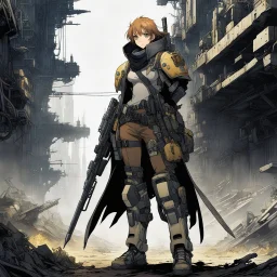 [Concept by Masamune Shirow] A lone anime character traveling through a desolate, post-apocalyptic world filled with ruins, mechanical wreckage, and overgrown nature. The character is equipped with scavenged gear, a long cloak, and futuristic weapons or tools. • Color Palette: Dusty, desaturated tones like grays and browns for the environment, with the character in muted greens, blues, or reds to add depth