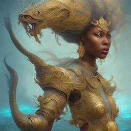 sango fantasy, fantasy magic, intricate, sharp focus, illustration, highly detailed, digital painting, concept art, matte, artgerm and paul lewin and kehinde wiley, masterpiece sexy lips Asian afro lips black African lady body mermaid blue Dragon head golden space lady sea under water mermaid pretty