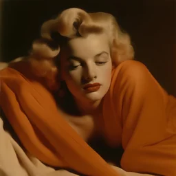 A photograph of marilyn monroe, eyes half closed, with bed hair, melancholy, no make up, in the style of milton greene, pale shiny orange silk scarf around her shoulders,hands undrfcover,beige bacground