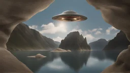 aerie made of rock reaching hundreds of feet into the sky, in a lake, with a flying saucer over head