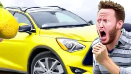 guy in hurricane arguing on phone next to his kia sportage made out of lemons