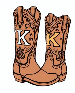 a pair of cowgirl boots with a large "K" in the pattern on the side of the closer boot. Vector illustration with bold linework