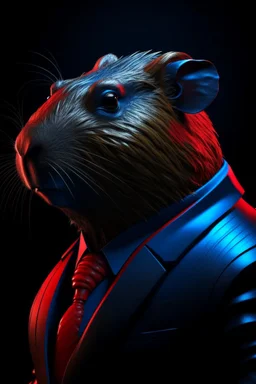 capybara in a mega cool iron super blue + Red suit with on his arms and shoulders, hdr, (intricate details, hyperdetailed:1.16), piercing look, cinematic, intense, cinematic composition, cinematic lighting, color grading, focused, (dark background:1.1)