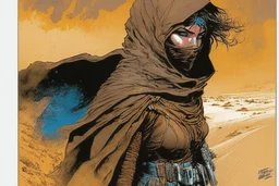 create a fine art print full body illustration of a rugged gritty, roughly textured, hooded, black clad and dusty Fremen female mercenary with highly detailed feminine facial features, amidst the billowing desert storms of Arrakis, in the comic book art style of Bill Sienkiewicz, and Jean Giraud Moebius, finely textured, drawn, colored, and inked,