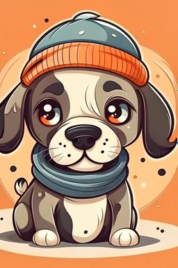 sweet illustration of a dog in winter hat , in a cartoon style