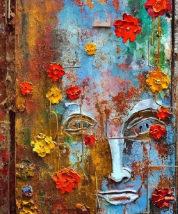  an abstract painting of rusted metal and flowers, african portrait, rust, scaffolding, iron cladding, decay, mixed media, textured, anatomically correct, beautiful perfect face, sharp focus, highly detailed, injured face