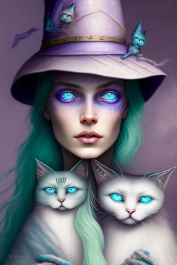 Friendly witch, playing with cats, perfect eyes, perfect iris, pastel colour, chalk, style Elisabeth Kreitz