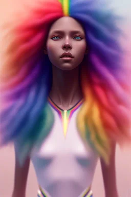 girl, cute, beautiful, long curly hair, soft pastel rainbow hair, rainbow dress,robotic, african factions close up portrait by Greg Rutkowski