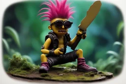 caricature, evil, dark arts, intricately painted, miniature figure. a miniature figure of an (angry:1.5) cyberpunk (Minion with glasses:1.4) with a rainbow mohawk hairstyle, set in a jungle, (holding a machete:1.6), giant boots, punk, worn, bokeh, Low DOF, 16k, trending on artstation. AlbedoBase XL.