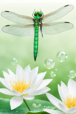 A hyper-realistic, Create An Image Of An Emerald-Silver Transparent Dragonfly On A White Lotus Flower, With Detailed Transparent Wings, Water Droplets, Macro Photography, Bokeh Close-Up.