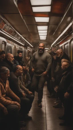 full figure photography of an ugly dirty arab burly muscular beefy strong man 47 years old with raided beard, shaved hair,, ajar mouth, photorealistic ,shirtless, side light, inside a crowded subway station , neon lights