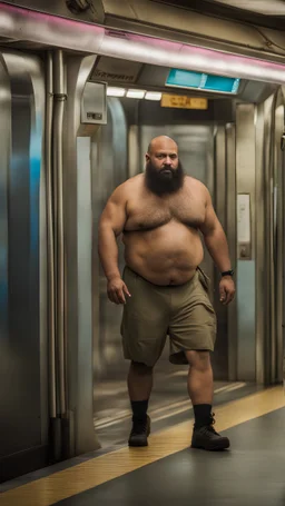 full figure photography of an ugly dirty arab burly muscular chubby stocky strong man 47 years old with raided beard, shaved hair,, manly chest, hairy , ajar mouth, photorealistic ,shirtless, bulging shorts, side light, inside a crowded subway station , neon lights