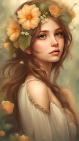 a girl with brown hair and flowers on her head, portrait of fairy princess, fairy look, big eyes, beautiful digital painting, beautiful fantasy maiden, digital painting, beautiful fantasy painting, faerie, very beautiful fantasy art, beautiful fantasy art, fairy aesthetics, beautiful fairie, beautiful fantasy art portrait, beautiful girl fairy, young girl, beautiful fairy, beautiful fantasy portrait, anime fantasy artwork