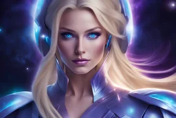Femme galactique magnifique, yeux bleux, long cheveux blonds, commandante, en combinaison blanche lumière détails violets et bleus, faisceau lumière bleuté au-dessus de sa tête