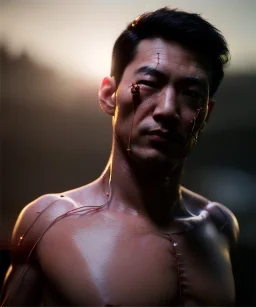 Ultra realistic photographic night portrait, cinematic, naked, young, Asian, all shaved <strong man> <hanging wires> many wires connected to the head <perfect pupil> <cyborg> <garage> <long shot view> <sci-fi futuristic> <thriller>, fog, soft color, highly detailed, unreal engine 5, ray tracing, RTX, lumen lighting, ultra detail, volumetric lighting, high definition.