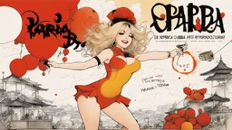 high res photo cover by Ralph Steadman: happy Dr. Atsuko Chiba, as a blonde curvy brilliant and composed therapist in agent provocateur, she uses her alter ego Paprika to enter the dream world and help patients. Paprika is everything Chiba is not: free-spirited, playful, and intuitive. As the boundary between dream and reality starts collapsing, bizarre dream imagery — a recurring "dream parade" of dolls, appliances, and random objects — invades the waking world. People go mad, unable to distin