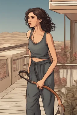 Dahlia walked with her scythe to her apartment, waiting for the night to fall. When Dahlia arrived home, she got undressed and took a shower. Afterwards, she put on a pair of loose cotton pants and a tight shirt. Dahlia walked through the apartment and checked the balcony, it seemed the coast was clear.