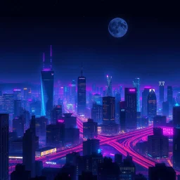 a cyberpunk, synthwave city skyline at night