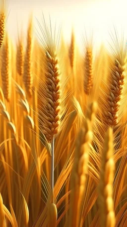 Golden wheat field, close-up, swaying in breeze, warm sunlight, photorealistic, detailed grain texture