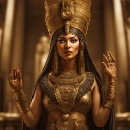 Behold the powerful alluring and pretty egiptian empress, her body adorned with the traditional egiptian costumes, HDR, beautifully shot, hyperrealistic, sharp focus, 64 megapixels, perfect composition, high contrast, cinematic, atmospheric, moody