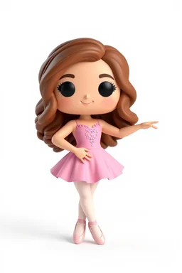 Funko figure of a very young female, smiling, long wavy soft brown hair, wearing a ballerina dress, pink dress, ballet, very cute, ballet pose,. typography, 3D render. White background
