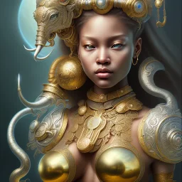 Sango fantasy, fantasy magic, intricate, sharp focus, illustration, highly detailed, digital painting, concept art, matte, art germ and Paul Lewin and Kehinde Wiley, masterpiece silver elephant head bronze Buddha Asian African girl nice breast Hawaiian hair turquoise golden waves