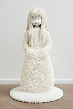 Sculpture en moquette, petite fille aux cheveux longs, fond blanc